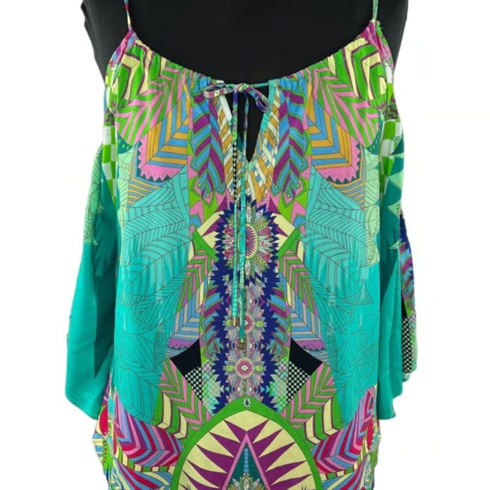 Hale Bob Green Tamsin Jungle Cold Shoulder Scoop Neck Blouse Size L